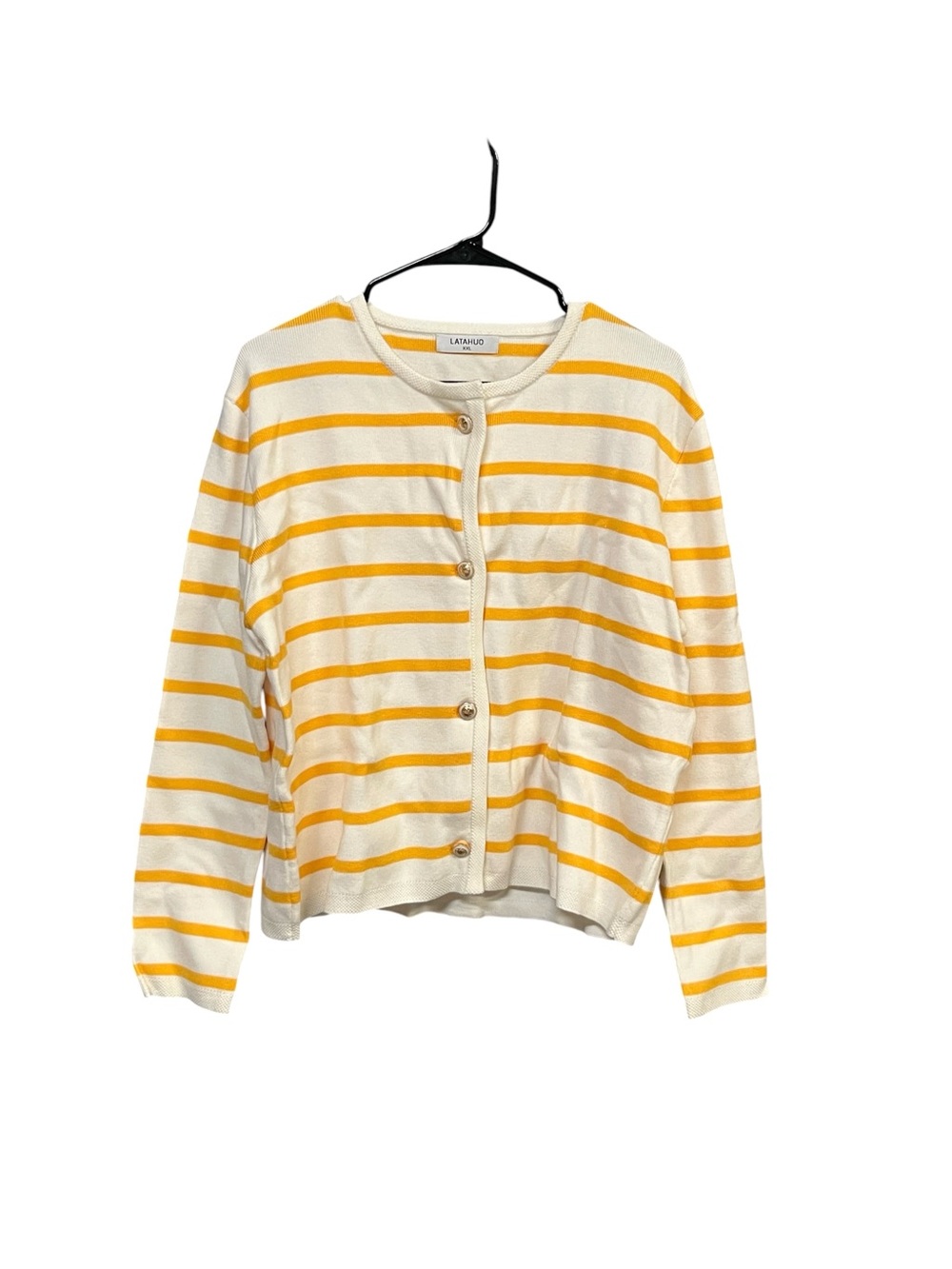 LATAHUO XXL Yellow White Striped Cardigan Sweater Preppy Coastal Grandma